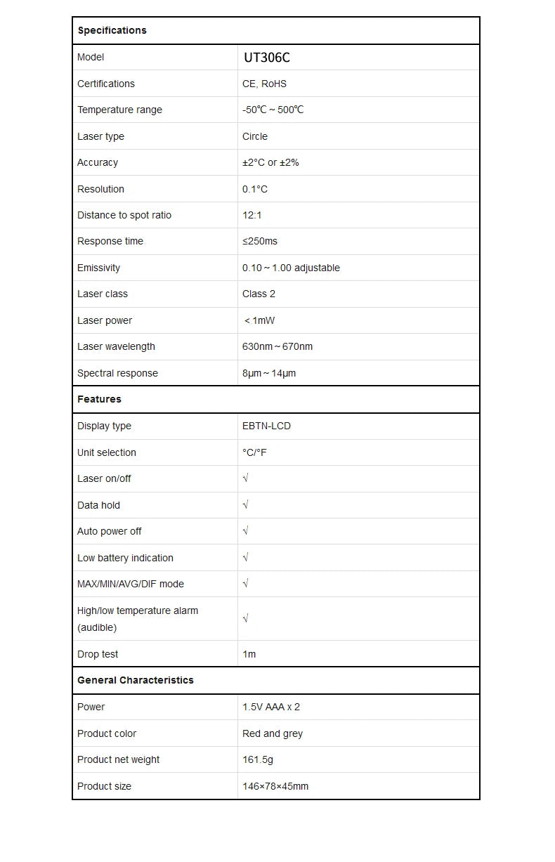 UNI-T UT306 Infrared Digital Thermometer