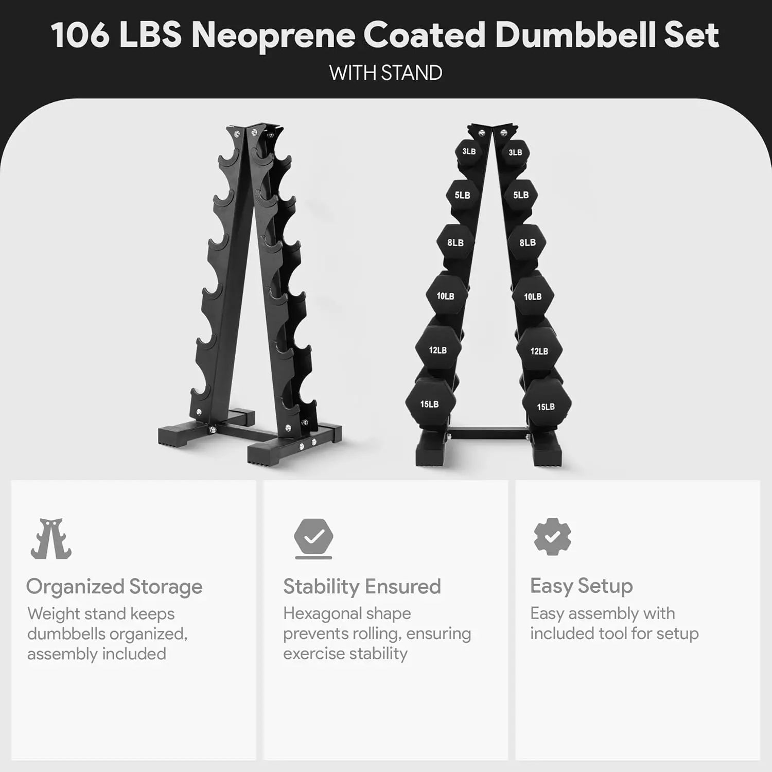 Neoprene Dumbbell Set with Stand – 106lb (6 Pairs)