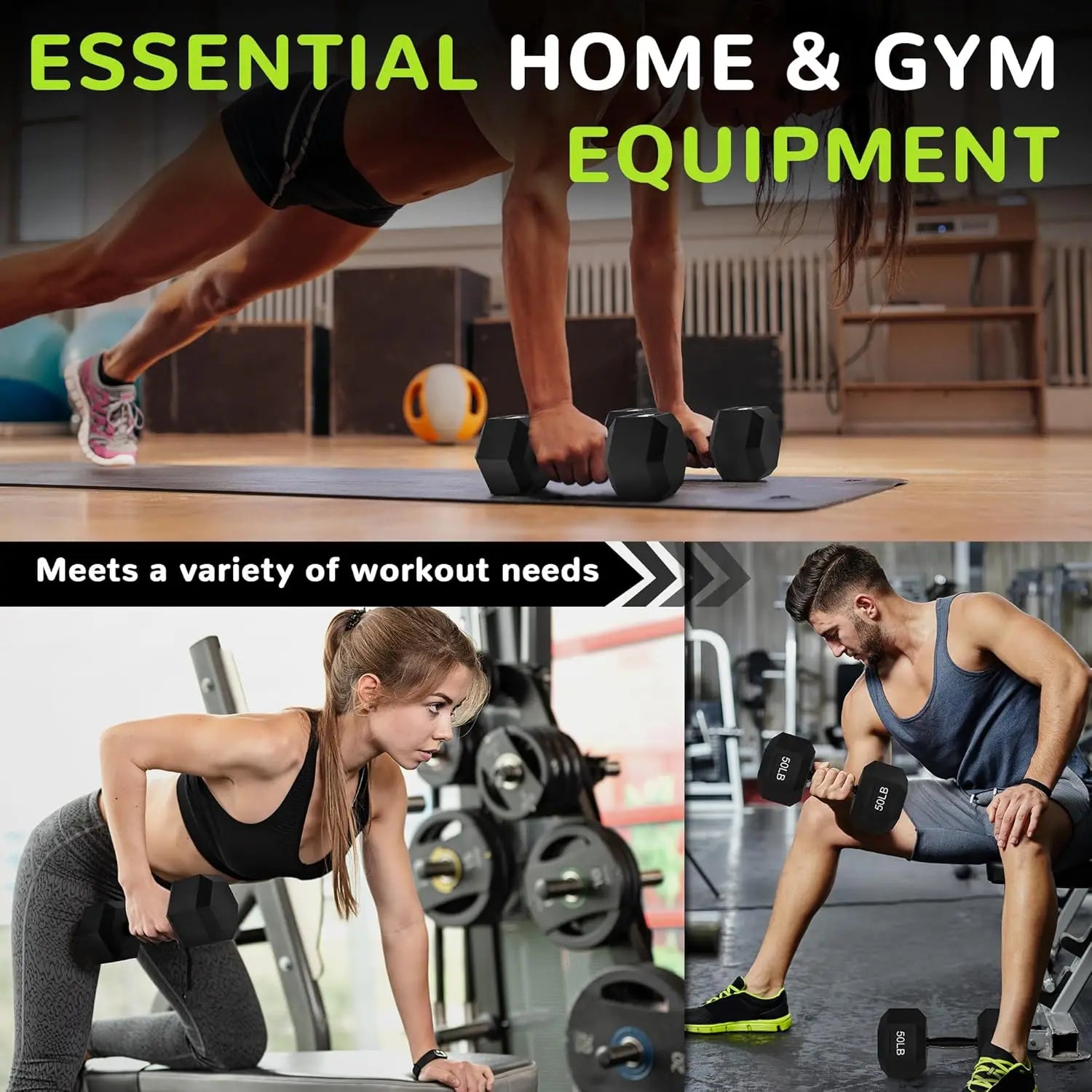 Rubber Encased Hex Dumbbell with Anti-Slip Handle