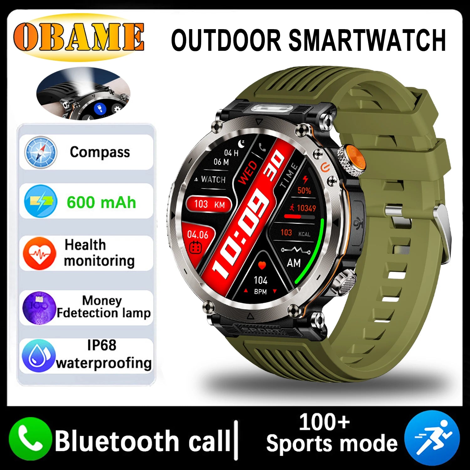 5ATM Outdoor Smartwatch GPS Compass 600mAh