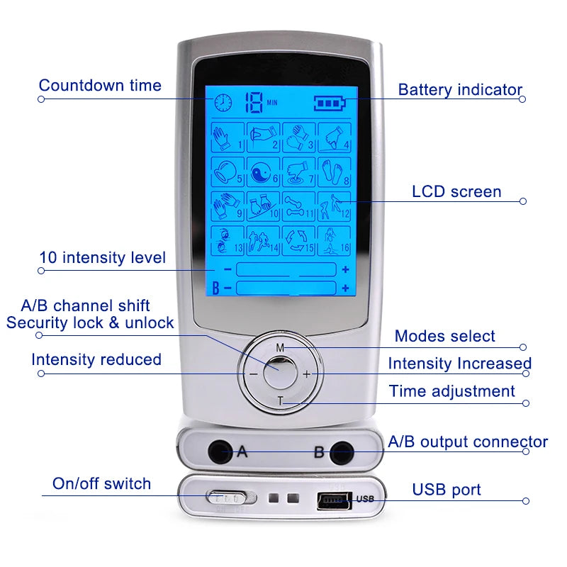 TENS & EMS Muscle Stimulator – 16-Mode Dual Channel Pulse Therapy Device