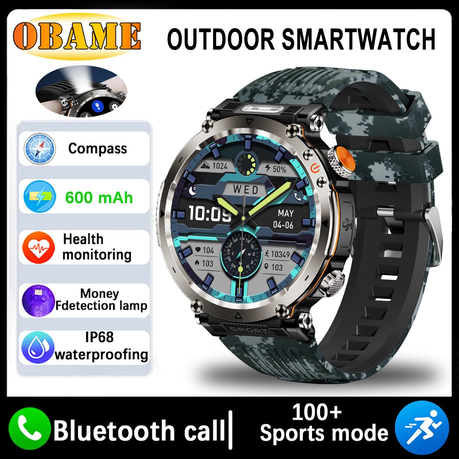 5ATM Outdoor Smartwatch GPS Compass 600mAh