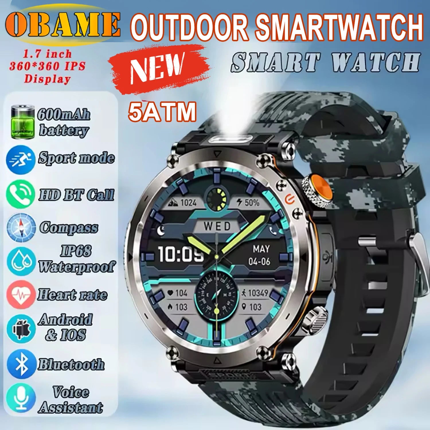 5ATM Outdoor Smartwatch GPS Compass 600mAh