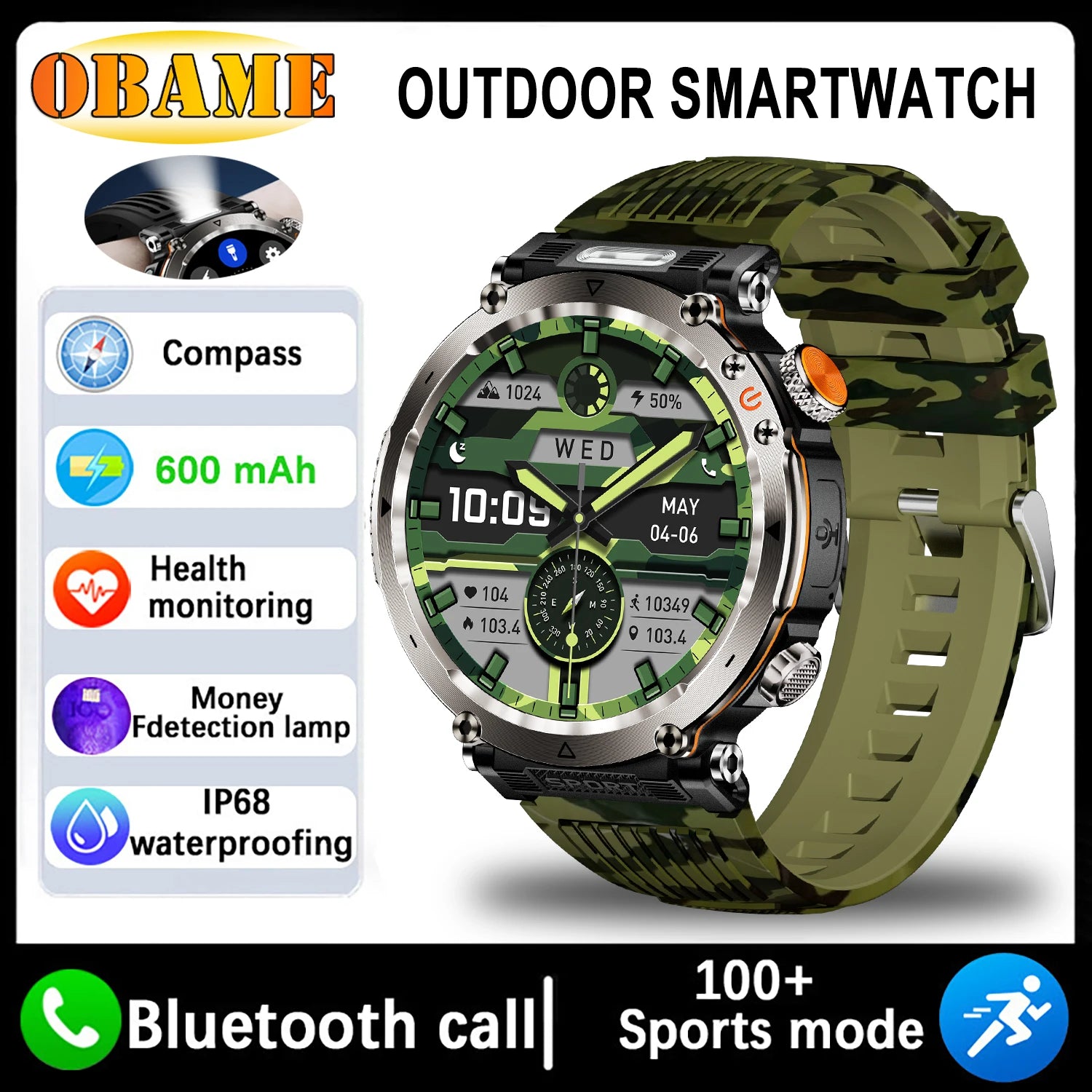 5ATM Outdoor Smartwatch GPS Compass 600mAh