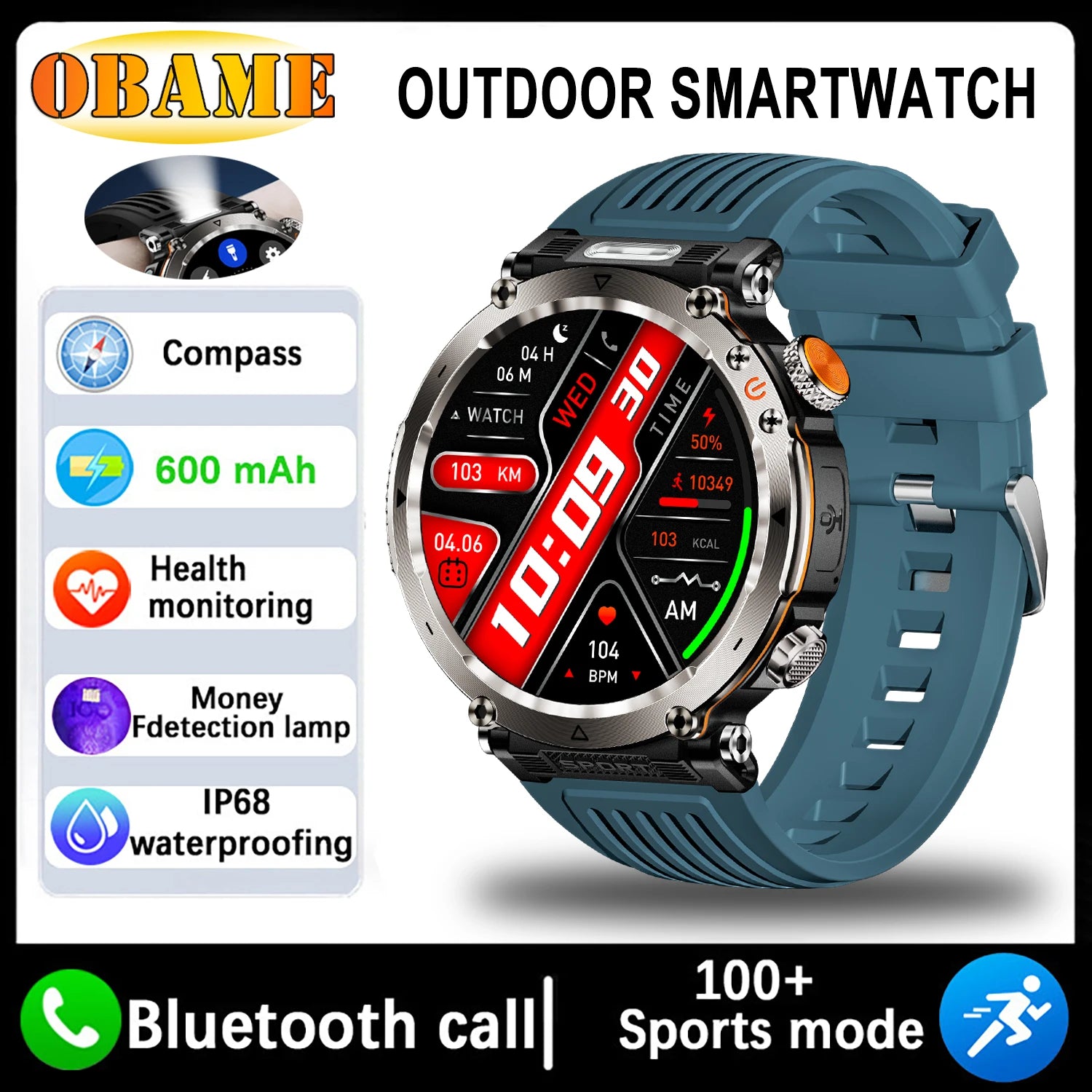 5ATM Outdoor Smartwatch GPS Compass 600mAh