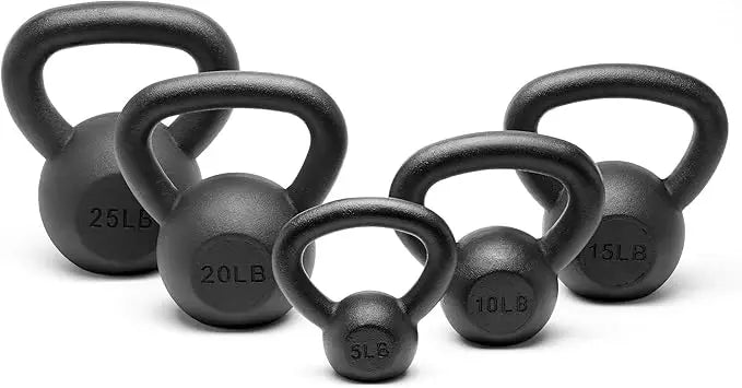 Durable powder-coated solid cast iron kettlebells in multiple weight options (5–45 lbs). Ideal for strength, conditioning, and full-body workouts at home or the gym.