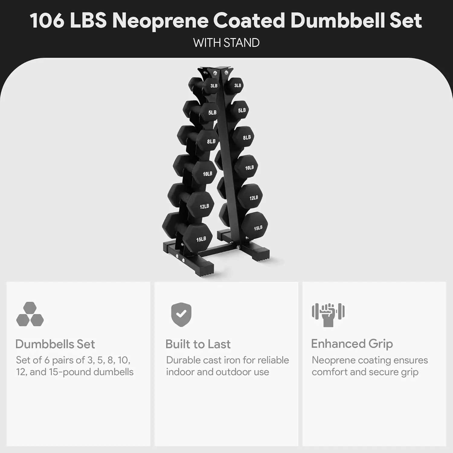 Neoprene Dumbbell Set with Stand – 106lb (6 Pairs)